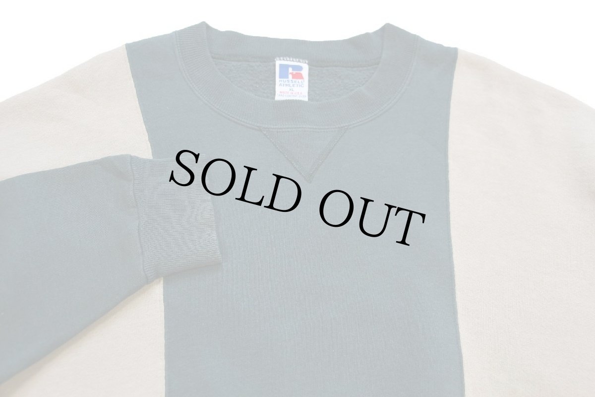 画像3: 90s USA製 RUSSELLラッセル ツートン 切り替え 前V スウェット グレーベージュ×グリーングレー XL (3)