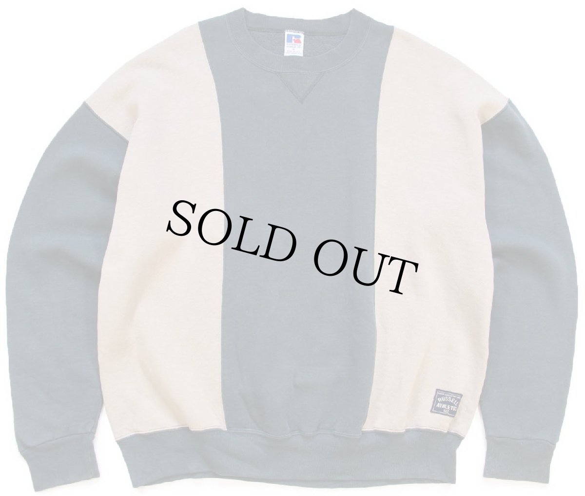 画像1: 90s USA製 RUSSELLラッセル ツートン 切り替え 前V スウェット グレーベージュ×グリーングレー XL (1)