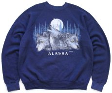 画像1: 90s USA製 ALASKA ウルフ アート スウェット 紺 XXL★特大 (1)