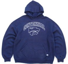 画像1: 00s メキシコ製 RUSSELLラッセル CENTENNIAL ひび割れプリント スウェットパーカー 紺 L★フーディー (1)