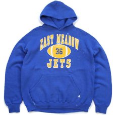 画像1: 00s メキシコ製 RUSSELLラッセル EAST MEADOW 36 JETS アメフト ブリーチ飛び スウェットパーカー 青 L★フーディー (1)