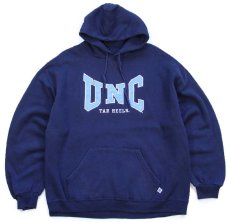 画像1: 90s メキシコ製 RUSSELLラッセル UNC TAR HEELS アップリケ&刺繍 スウェットパーカー 紺 L★フーディー (1)