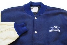 画像3: 90s USA製 DeLONGデロング Schwan's 92 刺繍 メルトン ウール 袖革スタジャン 紺×アイボリー フェード XL★ジャケット (3)