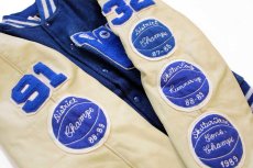 画像4: 80s USA製 TROPHY JACKETS レタードパッチ付き メルトン ウール 袖革スタジャン 青×アイボリー M★ジャケット (4)