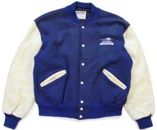 画像1: 90s USA製 DeLONGデロング Schwan's 92 刺繍 メルトン ウール 袖革スタジャン 紺×アイボリー フェード XL★ジャケット (1)