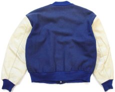 画像2: 90s USA製 DeLONGデロング Schwan's 92 刺繍 メルトン ウール 袖革スタジャン 紺×アイボリー フェード XL★ジャケット (2)