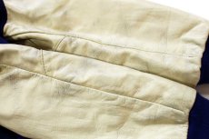 画像7: 90s USA製 DeLONGデロング Schwan's 92 刺繍 メルトン ウール 袖革スタジャン 紺×アイボリー フェード XL★ジャケット (7)