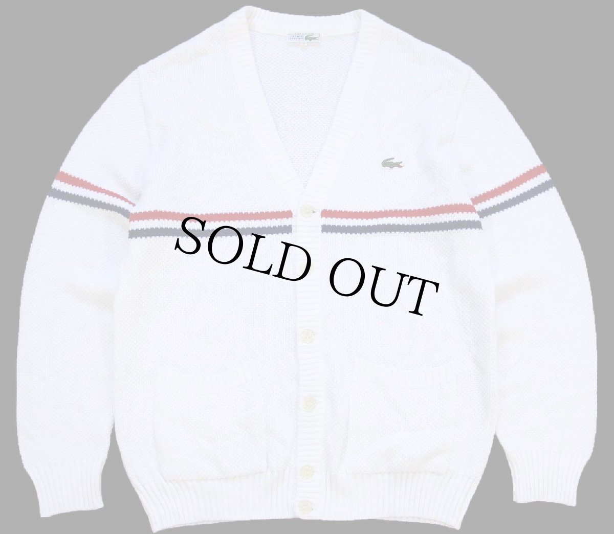 画像1: 70s フランス製 CHEMISE LACOSTE ラコステ ライン パチポケ アクリルニット カーディガン 白 5 (1)