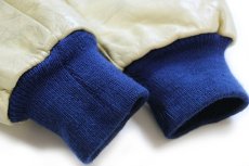 画像6: 90s USA製 DeLONGデロング Schwan's 92 刺繍 メルトン ウール 袖革スタジャン 紺×アイボリー フェード XL★ジャケット (6)