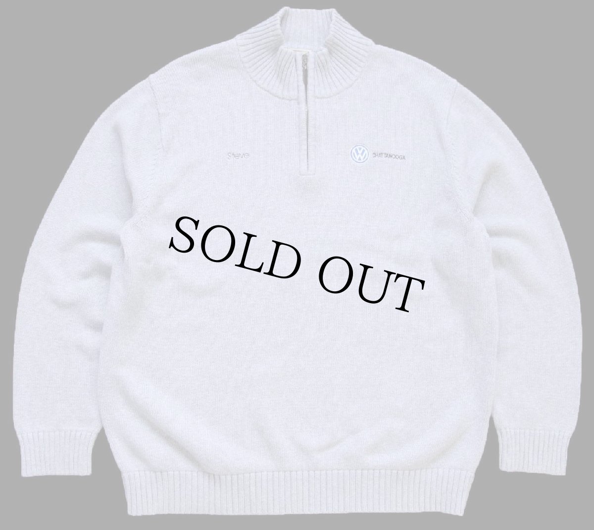 画像1: L.L.Bean VOLKSWAGENフォルクスワーゲン ロゴ刺繍 ハイネック ハーフジップ コットンニット セーター 杢ライトグレー XL-R (1)