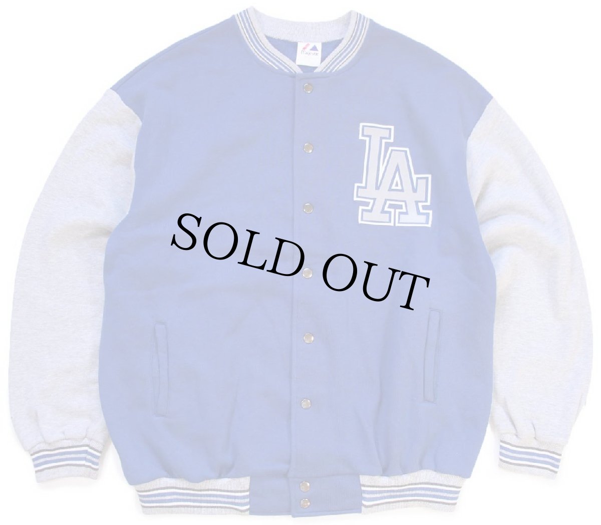 画像1: 90s USA製 Majestic MLB Los Angeles Dodgers パッチ付き ツートン 切り替え スウェット スタジャン 青×杢グレー XL★ジャケット (1)