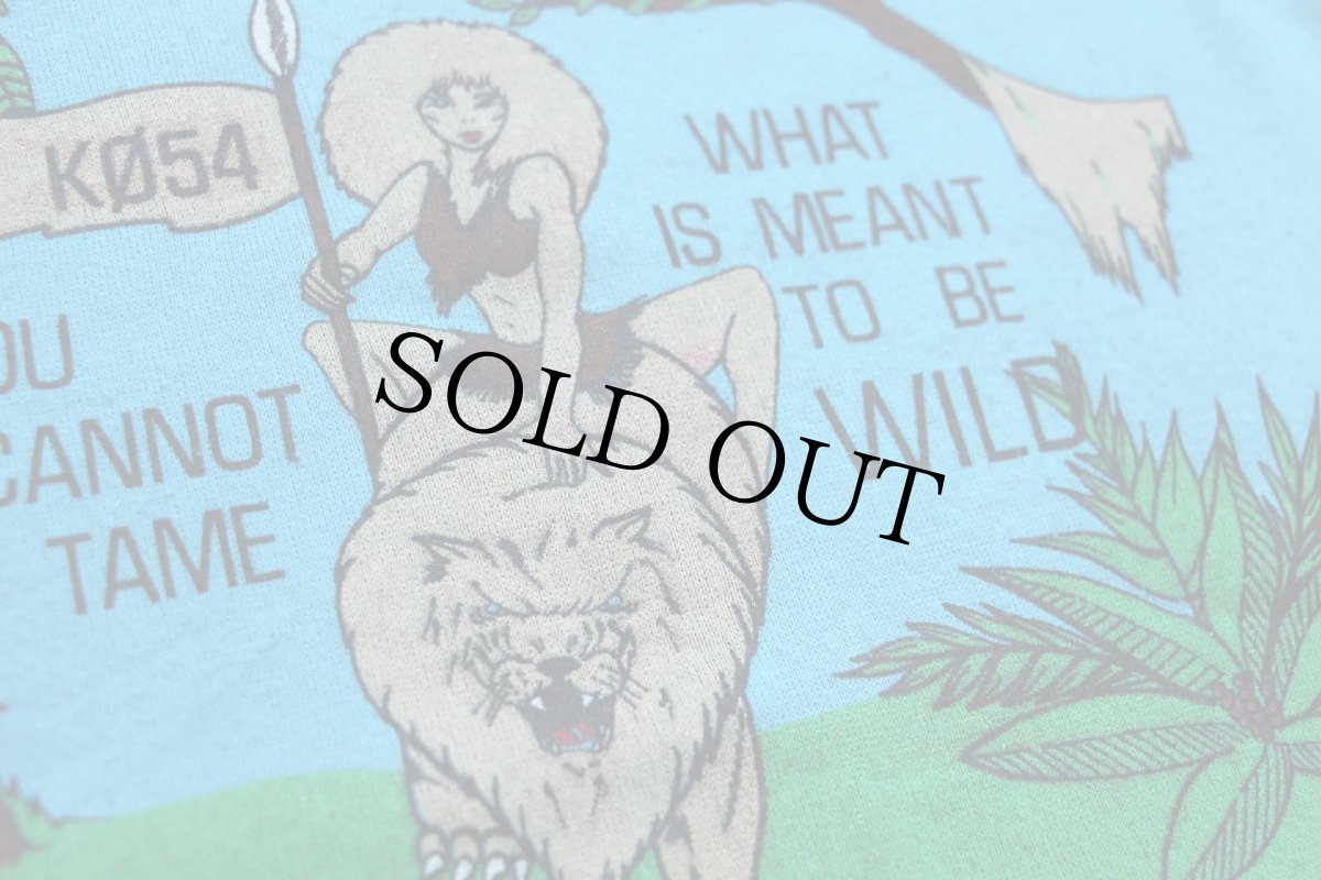 画像4: 80s USA製 YOU CANNOT TAME WHAT IS MEANT TO BE WILD メッセージ イラスト 両面プリント スウェット 水色 L (4)