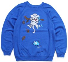 画像1: 80s USA製 Hanes MORNING SUN キャット イラスト スウェット 青 M (1)