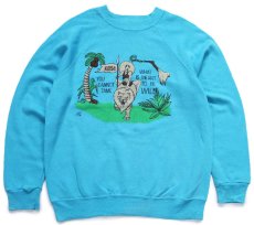 画像1: 80s USA製 YOU CANNOT TAME WHAT IS MEANT TO BE WILD メッセージ イラスト 両面プリント スウェット 水色 L (1)
