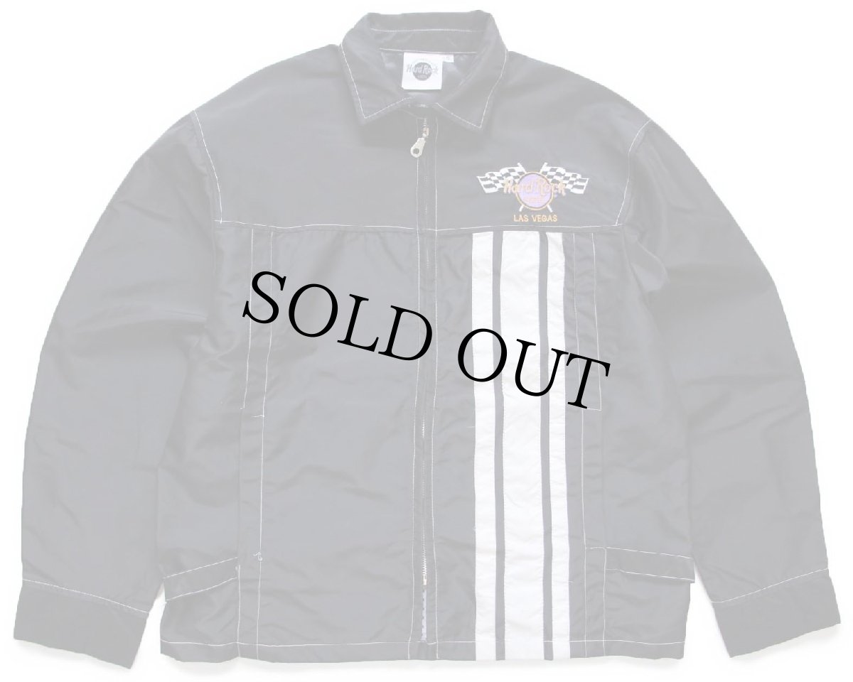 画像1: 90s Hard Rock HOTEL ハードロック ホテル LAS VEGAS チェッカーフラッグ 刺繍 チンスト付き ナイロン レーシングジャケット 黒 S (1)