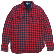 画像1: 00s ポロ ラルフローレン チンスト&マチ付き バッファローチェック プルオーバー コットンシャツ 赤×黒 L (1)