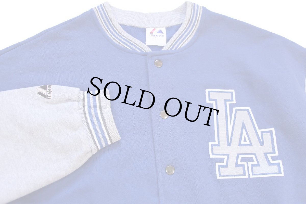画像3: 90s USA製 Majestic MLB Los Angeles Dodgers パッチ付き ツートン 切り替え スウェット スタジャン 青×杢グレー XL★ジャケット (3)