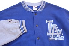画像3: 90s USA製 Majestic MLB Los Angeles Dodgers パッチ付き ツートン 切り替え スウェット スタジャン 青×杢グレー XL★ジャケット (3)
