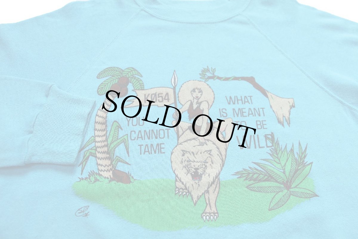 画像3: 80s USA製 YOU CANNOT TAME WHAT IS MEANT TO BE WILD メッセージ イラスト 両面プリント スウェット 水色 L (3)