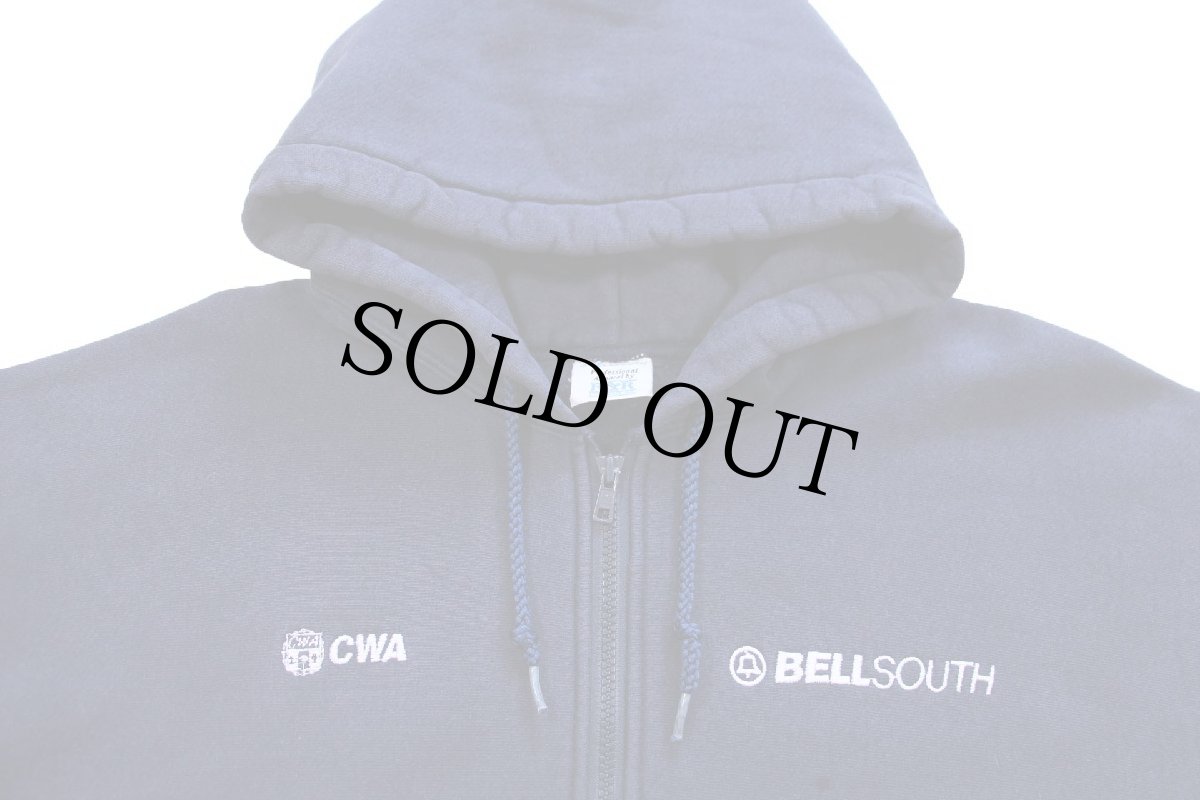画像3: 90s USA製 BELLSOUTH CWA 刺繍 ハーフジップ リバースウィーブ スウェットパーカー 紺★フーディー (3)