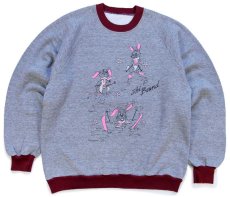 画像1: 80s Ski Bound ラビット スキー イラスト 蛍光プリント ツートン切り替え スウェット 杢グレー×バーガンディ (1)