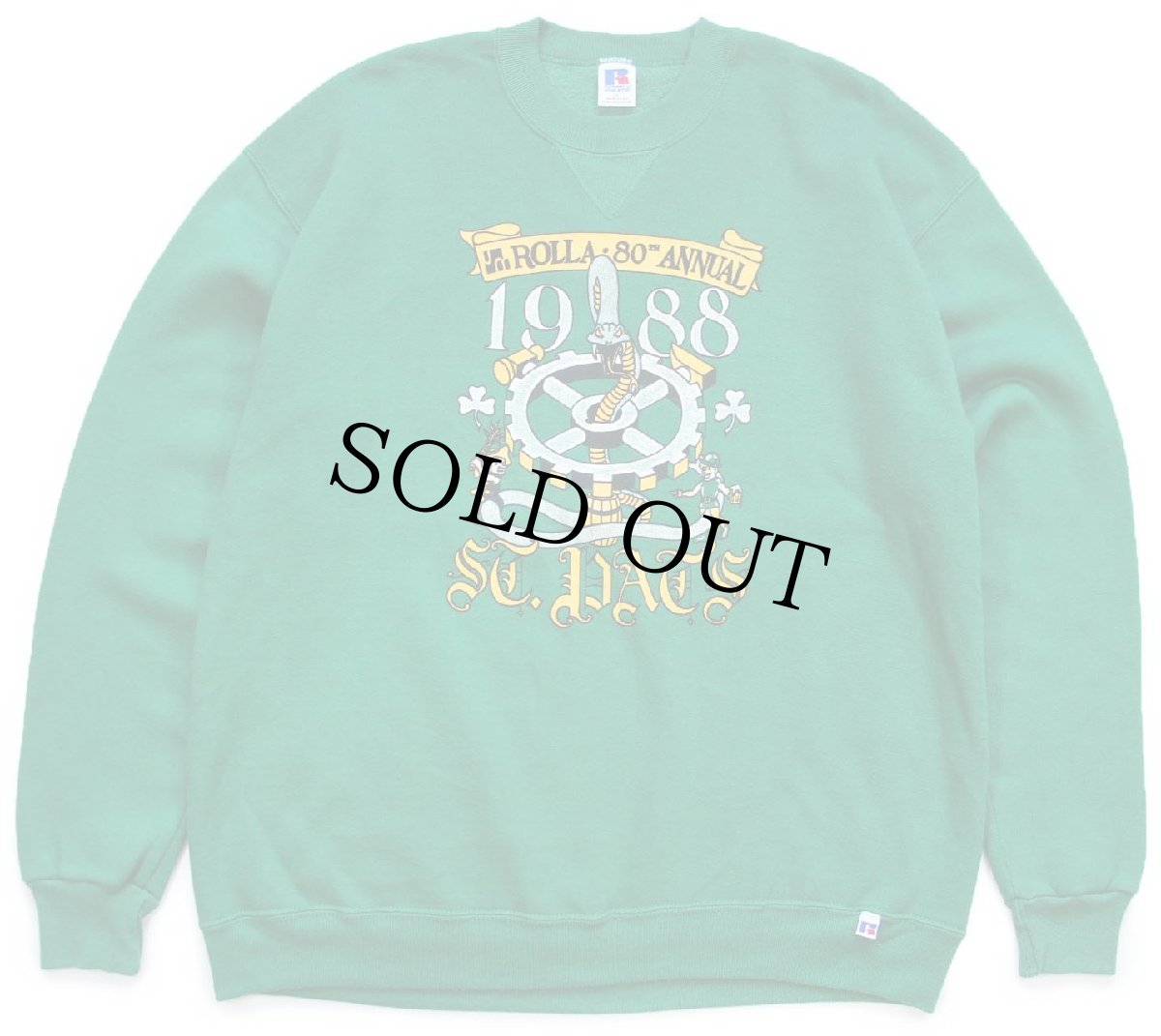画像1: 80s USA製 RUSSELLラッセル ROLLA 80TH ANNUAL 1988 ST.PAT'S クローバー 前V スウェット 緑 XL (1)