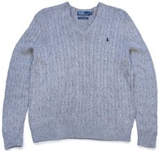 画像1: 90s ポロ ラルフローレン ワンポイント Vネック ケーブル編み シルクニット セーター 杢グレー XL (1)