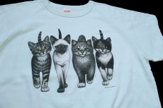 画像3: 90s USA製 キャット アート 両面プリント 半袖スウェット カスタム ライトグリーン XXL★特大 (3)