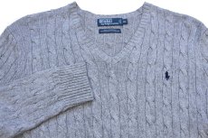画像3: 90s ポロ ラルフローレン ワンポイント Vネック ケーブル編み シルクニット セーター 杢グレー XL (3)