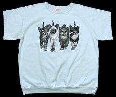 画像1: 90s USA製 キャット アート 両面プリント 半袖スウェット カスタム ライトグリーン XXL★特大 (1)