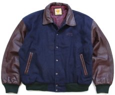 画像2: 90s Hard Rock CAFE ハードロック カフェ NIAGARA FALLS ロゴ刺繍 キルティングライナー メルトン ウール 袖革スタジャン 紺×赤茶 M (2)