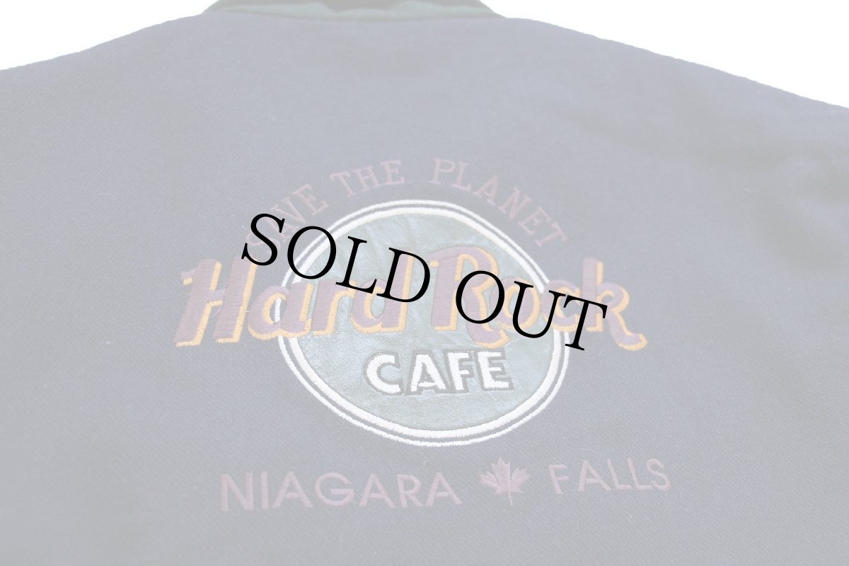 画像4: 90s Hard Rock CAFE ハードロック カフェ NIAGARA FALLS ロゴ刺繍 キルティングライナー メルトン ウール 袖革スタジャン 紺×赤茶 M (4)