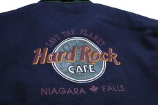 画像4: 90s Hard Rock CAFE ハードロック カフェ NIAGARA FALLS ロゴ刺繍 キルティングライナー メルトン ウール 袖革スタジャン 紺×赤茶 M (4)
