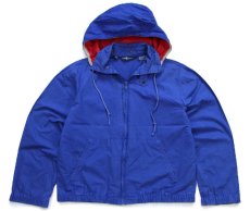画像1: 90s ラルフローレン ワンポイント チンスト&フード付き コットンポプリン ジャケット 青 ボーイズM (1)