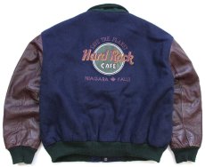 画像1: 90s Hard Rock CAFE ハードロック カフェ NIAGARA FALLS ロゴ刺繍 キルティングライナー メルトン ウール 袖革スタジャン 紺×赤茶 M (1)
