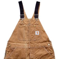 画像1: 90s USA製 carharttカーハート ダブルニー ダック地 オーバーオール 茶 W38 L30 (1)