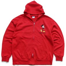 画像1: 80s USA製 Walt Disney World ミッキー マウス ひび割れプリント ダメージ スウェット ジップパーカー 赤 XL★フーディー (1)