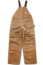 画像2: 90s USA製 carharttカーハート ダブルニー ダック地 オーバーオール 茶 W38 L30 (2)