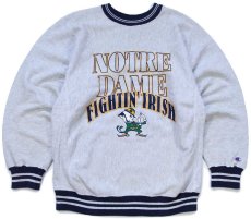 画像1: 90s USA製 Championチャンピオン NOTRE DAME FIGHTIN' IRISH マスコット リブライン リバースウィーブ スウェット 杢グレー×紺 L (1)