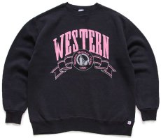 画像1: 90s USA製 RUSSELLラッセル WESTERN 発泡プリント 前V スウェット 黒×ピンク XL (1)