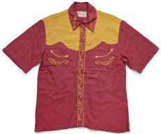 画像1: 00s Scully 刺繍入り ヨーク切り替え 半袖 シルク ウエスタンシャツ バーガンディ×マスタード S (1)