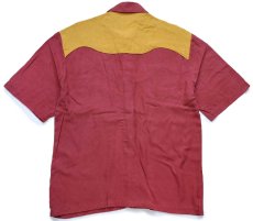 画像2: 00s Scully 刺繍入り ヨーク切り替え 半袖 シルク ウエスタンシャツ バーガンディ×マスタード S (2)
