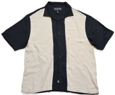 画像1: Nat Nast ツートン 切り替え ステッチ装飾 半袖 オープンカラー シルクシャツ 黒×ベージュ XL (1)