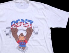 画像1: 80s BEAST ゴリラ ウエイトリフティング イラスト 染み込みプリント コットンTシャツ 白 (1)