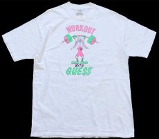 画像2: 80s USA製 GUESS by GEORGES MARCIANO ゲス WORKOUT WITH GUESS ウサギ イラスト 蛍光プリント コットンTシャツ アイボリー (2)