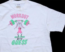 画像1: 80s USA製 GUESS by GEORGES MARCIANO ゲス WORKOUT WITH GUESS ウサギ イラスト 蛍光プリント コットンTシャツ アイボリー (1)