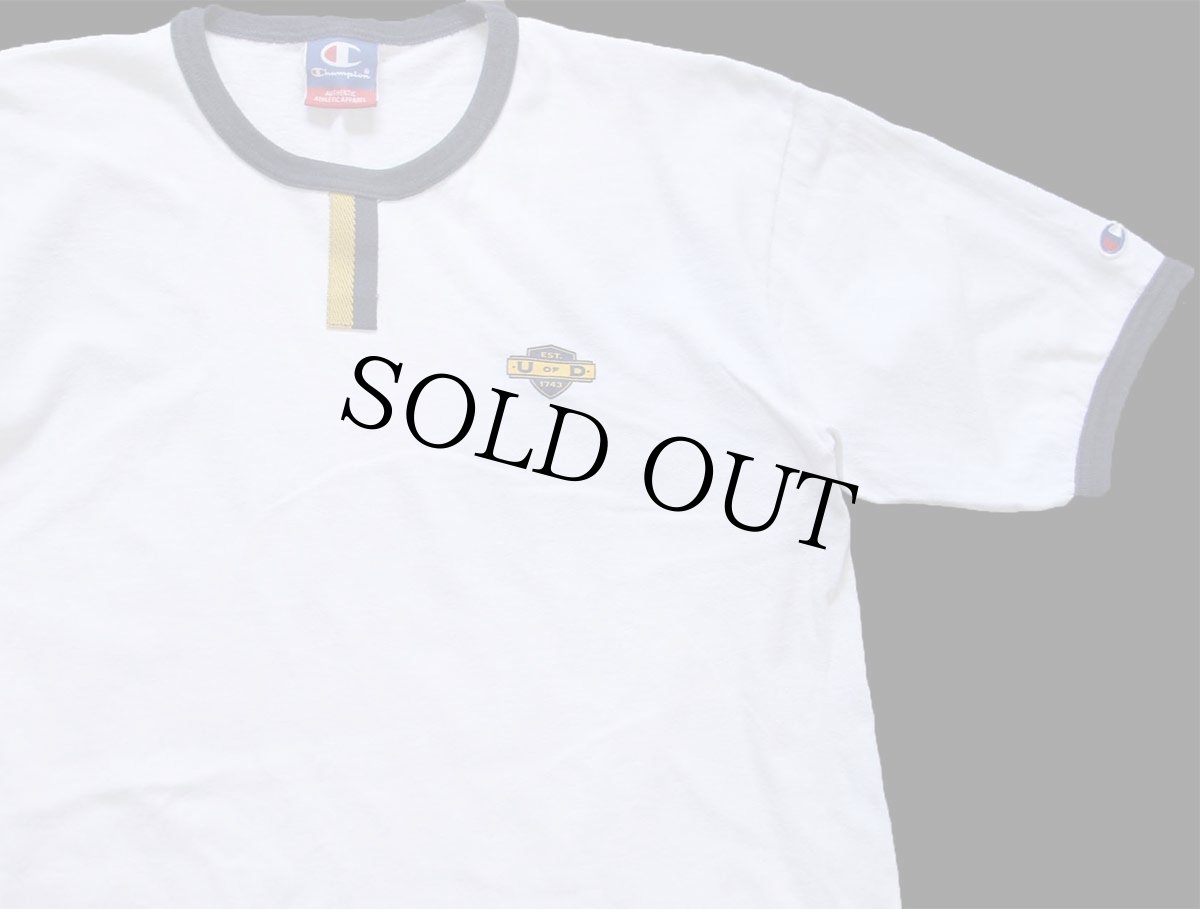 画像1: 00s Championチャンピオン U OF D チョコチン コットン リンガーTシャツ 白×紺 (1)