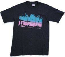 画像2: 90s USA製 CALIFORNIA ヤシの木 ビーチ アート コットンTシャツ 黒 フェード L (2)