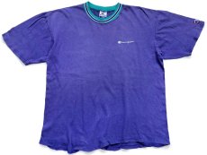 画像2: 90s USA製 Championチャンピオン ワンポイント スクリプト ロゴ刺繍 リブライン コットンTシャツ 薄紫 フェード L (2)