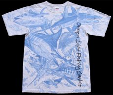 画像1: 00s Oregon Inlet Fishing Center カジキ マグロ サメ アート オールオーバープリント コットンTシャツ 杢ライトグレー M (1)